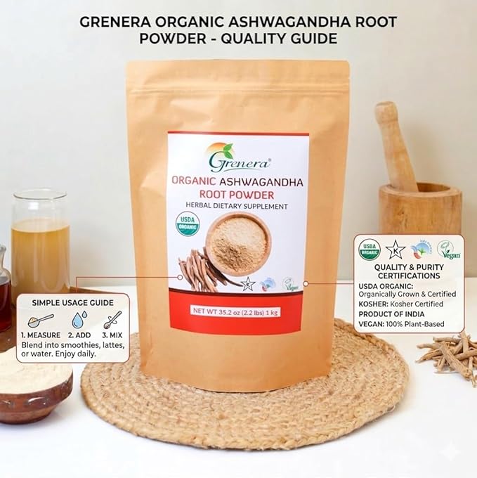 Grenera Organic Ashwagandha Powder 2.2 lbs (35.2 Ounce) (Withania somnifera) - Organic Vegan Kosher Certified