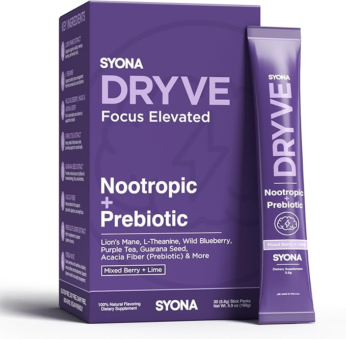 SYONA - DRYVE - Berry-Lime Nootropic Drink Mix - Focus and Energy with Lion's Mane Guarana Seed L-Theanine and Prebiotic Blend - 30 Stick Packs