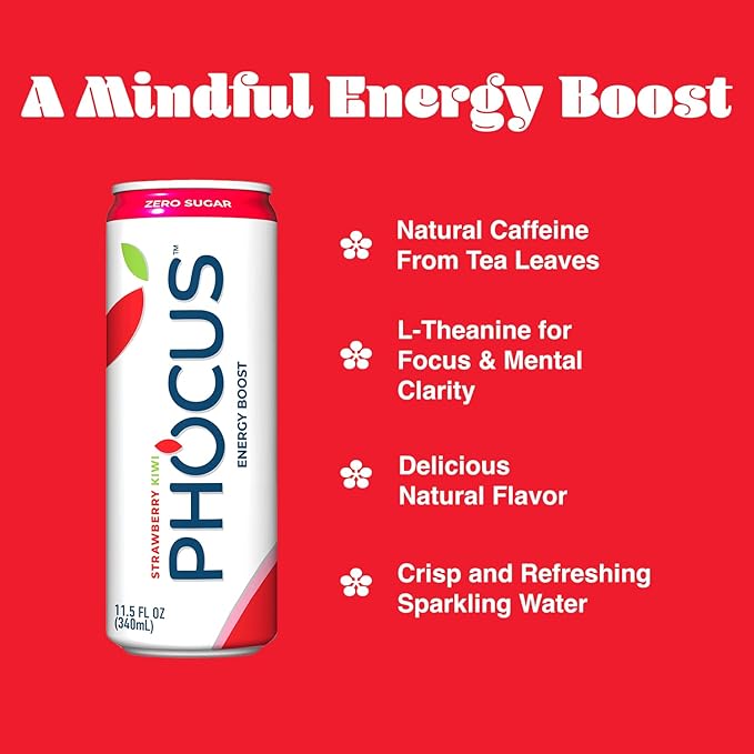 PHOCUS Caffeinated Sparkling Water Strawberry Kiwi 75mg Natural Caffeine Plus L-Theanine Zero Sugar Zero Calories No Artificial Sweeteners 11.5 fl oz Cans (Pack of 12)