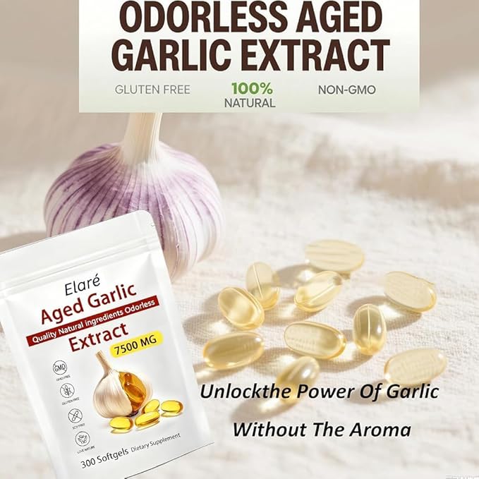 Elare Aged Garlic Extract Capsules 7500mg Odorless - 300 Count Garlic Supplement 2-Year Matured - for Heart &amp Immune Support Non-GMO Gluten-Free