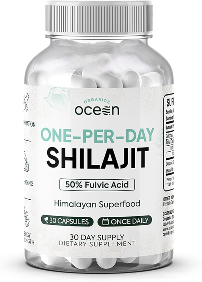 Organics Ocean One-Per-Day Shilajit for Men and Women - Natural Shilajit Supplement for Age-Defying Bone Strength Hormone Support and More - 30 Shilajit Capsules