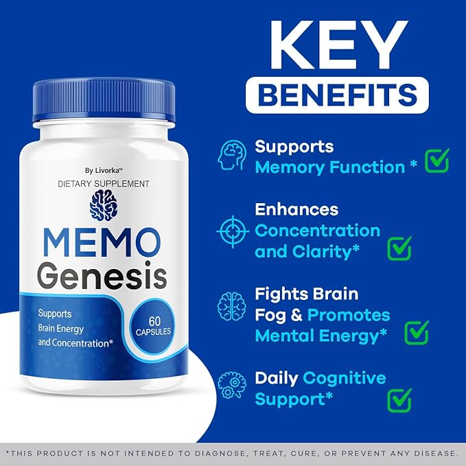 (2 Pack) Memo Genesis Capsules - Original MemoGenesis Brain Health Daily Support Pills Natural Advanced Formula Cognitive Health &amp Function to Help Maintain Clarity Focus 120 Capsules for 2 Month