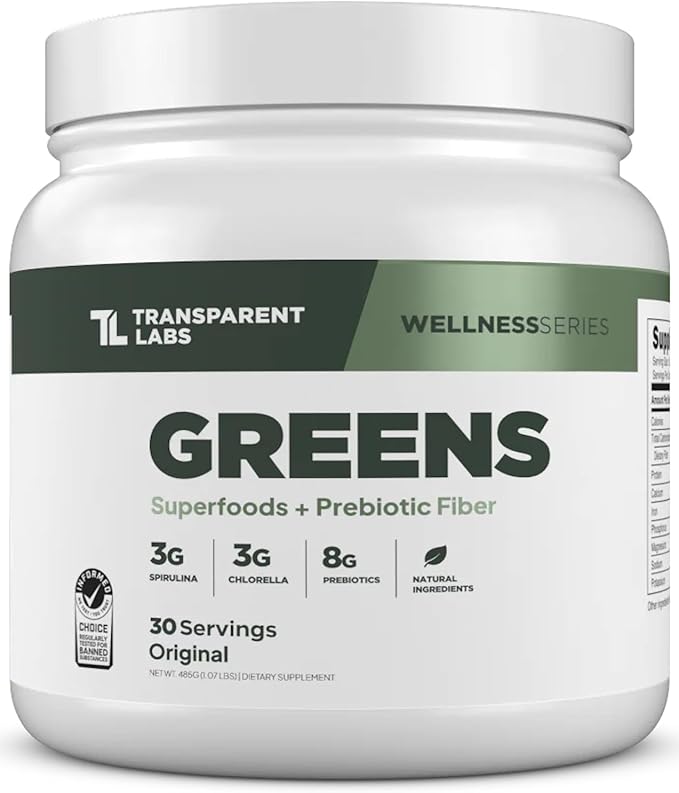 Transparent Labs Prebiotic Greens - Superfood Powder &amp Antioxidants Supplement with Organic Spirulina Chloerra Acacia &amp Green Banana Powder - 30 Servings Unflavored