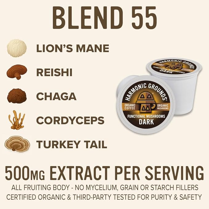 Harmonic Grounds Organic Mushroom Coffee Pods - Dark Roast Coffee with Lion's Mane Reishi Chaga Cordyceps &amp Turkey Tail - Compatible with Keurig K-Cup Brewers - 34 Count