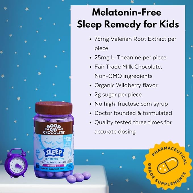 Good Day Chocolate Natural Valerian Root for Kids Herbal Sleep Supplement Organic Wildberry Flavor Fair Trade and Non-GMO Chocolate L-Theanine 50 Pieces