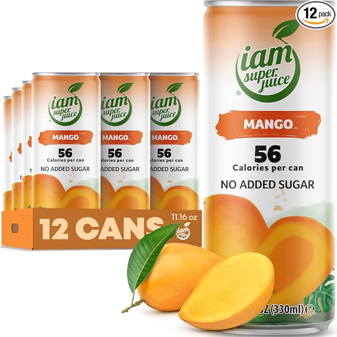 I am Superjuice Mango - Natural Fruit Juice Drink - Zero Added Sugar - Low in calories (56 per can) - 12 Pack x 11.16 FL OZ
