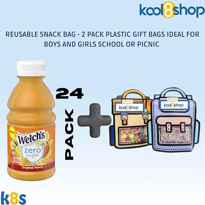 Welch's Zero Sugar Tropical Punch Juice Drink 10 fl oz Plastic Bottle 24 Pack + 2 Reusable Snack Bags by KOOL8SHOP Infinite Deals