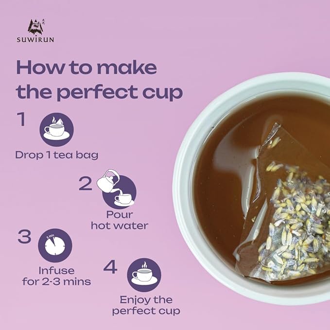 Suwirun Organic Lavender Tea 25 Bags – 100% Lavender Flowers – Aromatic &amp Calming Caffeine-Free – Supports Stress Relief Relaxation &amp Better Sleep