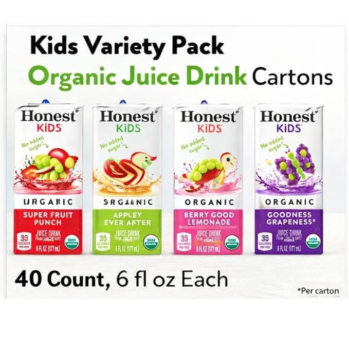 Kids Variety Pack Organic Juice Drink Cartons 40 Count (6 fl oz Each) – Super Fruit Punch Appley Ever After Berry Good Lemonade &amp Goodness Grapeness – USDA Organic No Added Sugar