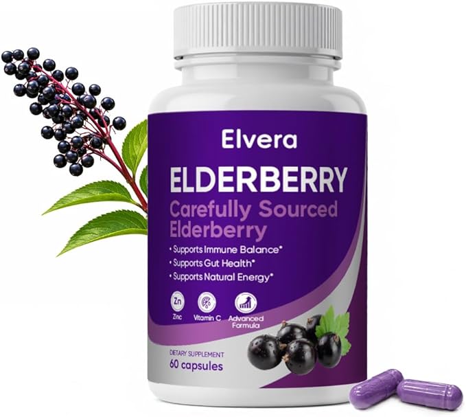 Elvera Elderberry Elvera Gut Support Complex1200 mg Sambucus Elderberry Extract Zinc + Vitamin C Advanced FormulaDigestive Wellness &amp Boost Energy 60 Capsules
