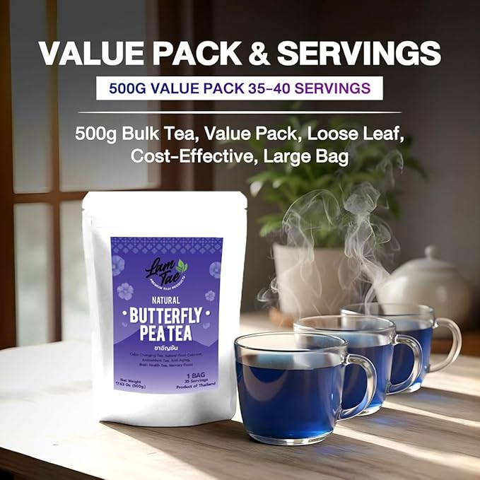 Lam Tae Pure Butterfly Pea Flower Tea (Blue Tea) Color Changing Naturally Grown Thai Herbal Tea Blend with Assam Leaves Lam Tae Signature Recipe – 100% Natural Color Pesticide-Free Antioxidant-R