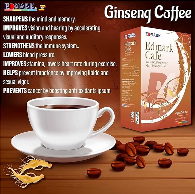 EDMARK Ginseng Coffee Pods | Arabica Coffee Blend Infused w/Ginseng | Supports Energy Focus Vitality &amp Overall Wellness | Low Sugar Aspartame-Free Instant Coffee | 20 Sachets x 18g Enjoy Anytim