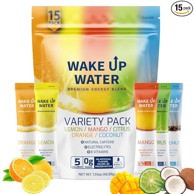 Wake Up Water Energy Drink Mix Sugar Free Clean Energy Powder with Electrolytes &amp B Vitamins Natural Caffeine for Focus &amp Hydration (15 Pack) - Variety