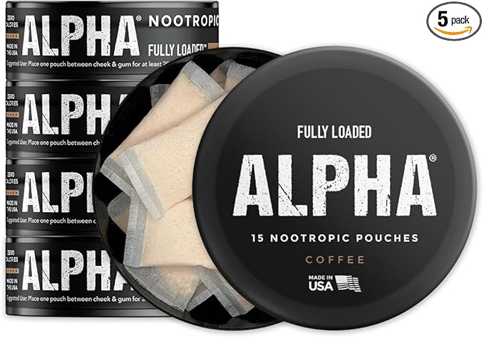 Fully Loaded Alpha Nootropic Pouches (Coffee) - 5 Cans - 15 Pouches per can - Effective Nootropic Delivery Nic Pouch Replacement - Faster Absorption Alpha GPC L-Tyrosine GABA