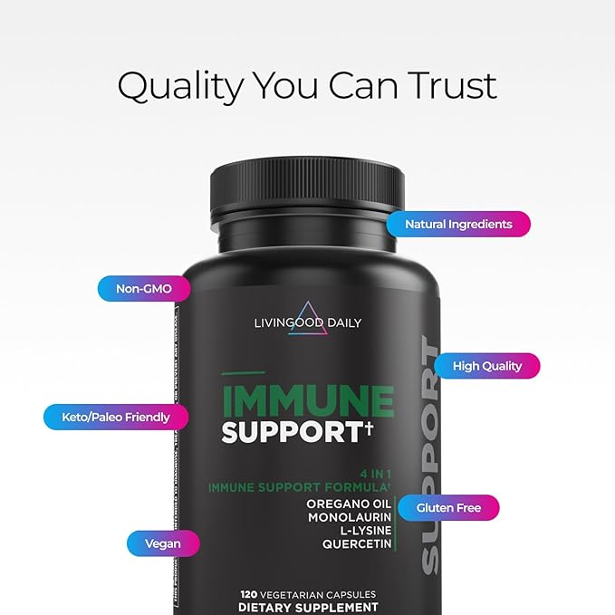 Livingood Daily Immune Support Supplement 4-in-1 Formula with Oregano Oil Monolaurin L Lysine &amp Quercetin Gut &amp Digestive Health Gluten Free Vegan Non GMO Allergen Free 120 Capsules