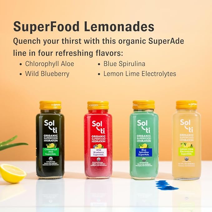 Organic Lemon Lime Electrolytes SuperAde Drink Effective Hydration SuperFood Lemonade by Sol-ti Cold-Pressed Juice Blend 16 Pack (14.9 Fl oz)