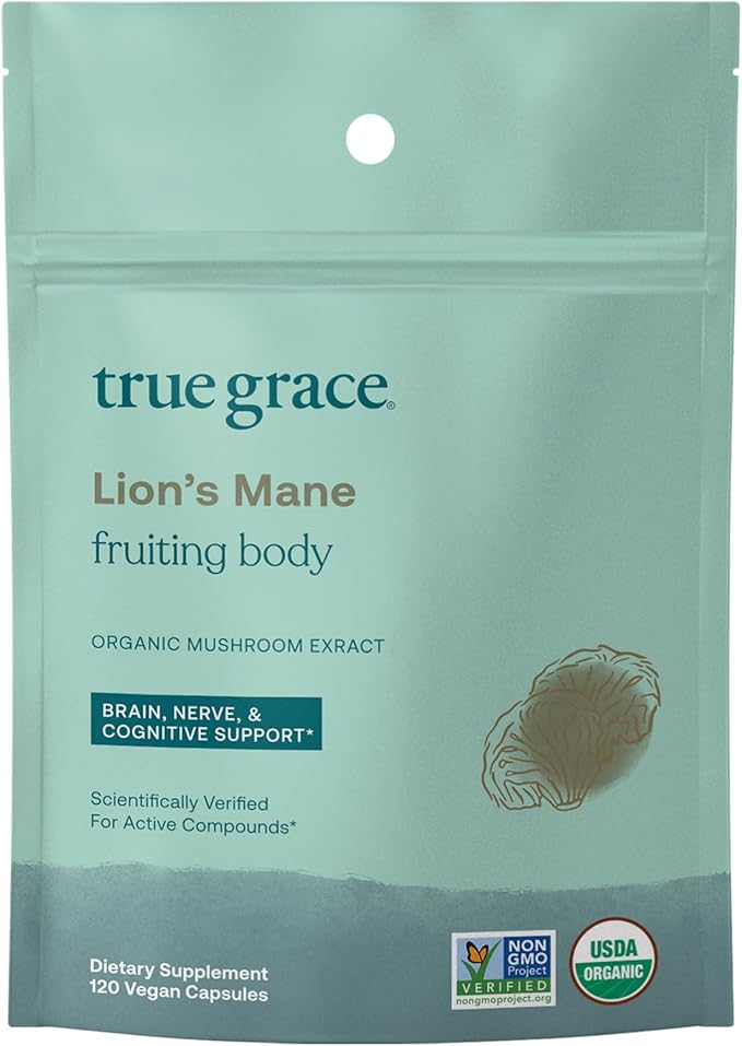 True Grace Mushroom Lion's Mane Brain Nerve &amp Cognitive Support - 120 Count Capsules - Organic
