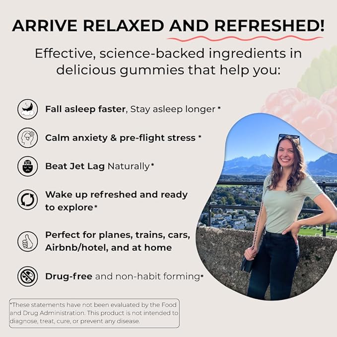 FlyHugz Travel Sleep Support Gummies for Adults with Melatonin L Theanine and Magnesium 60 Vegan Gummies 30 Day Supply Supports Relaxation Calm and Restful Sleep Raspberry Flavor