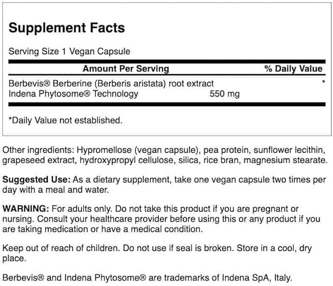 Swanson Berberine Advanced Enhanced Absorption Supplement for Health-Conscious Adults Seeking Optimized Bioavailability - Featuring Berbevis 550 mg (30 Vegan Capsules)