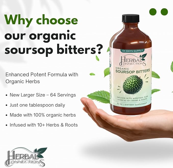 Soursop Bitters Liquid 32 Ounces - 64 Servings - 20 Herb Formula with Soursop Moringa Sea Moss Turmeric Ginger &amp Cayenne | Gut Health Natural Cleanse &amp Daily Wellness | Vegan &amp Organi