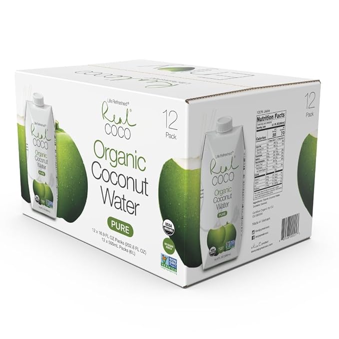Real Coco Organic Pure Coconut Water 500mL 100% USDA Organic Coconut Water Packed with Electrolytes Dairy/Soy Free Vegan Plant Based (12-pack 500L) *PACKAGING MAY VARY*