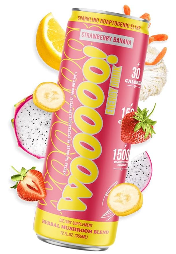 Wooooo! Energy Ric Flair Sparkling Adaptogenic Mushroom Energy Drink | Natural Antioxidants &amp Nootropics | Lion’s Mane &amp Cordyceps | 150mg Caffeine | 12 Pack (Strawberry Banana)