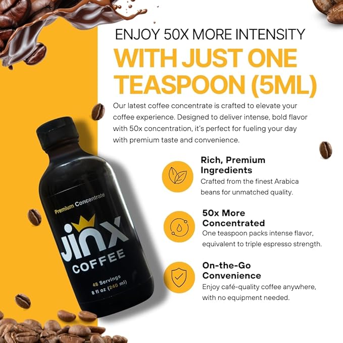 Jinx Coffee Concentrate – 50x Stronger Cold Brew Coffee | Strong Caffeine Concentrated Liquid Perfect for Instant Hot or Iced Coffees Cold Brew Concentrate Hot Drinks and Instant Espresso | 48 Ser