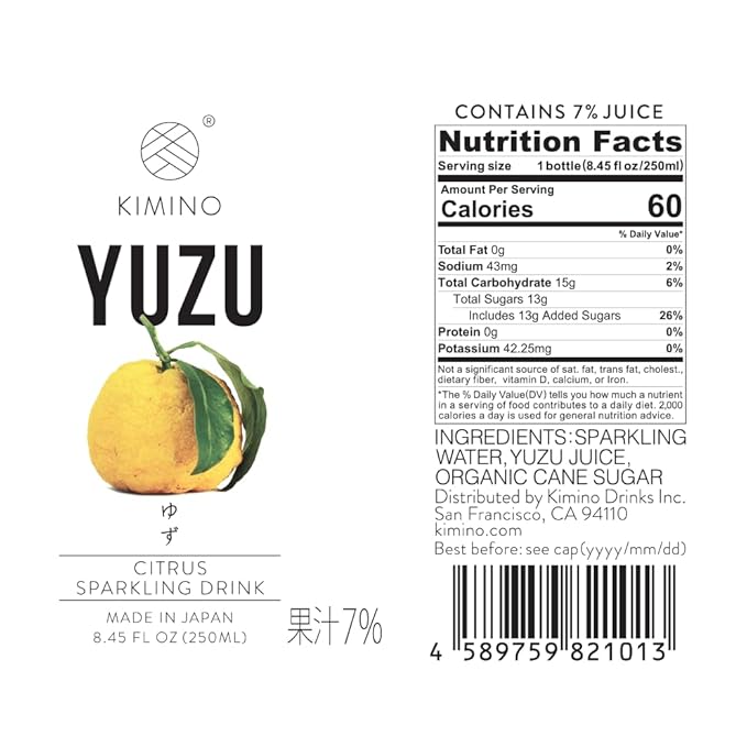Kimino Drinks Sparkling Juice Beverage 8.45 Fl Oz (Yuzu Pack of 12)
