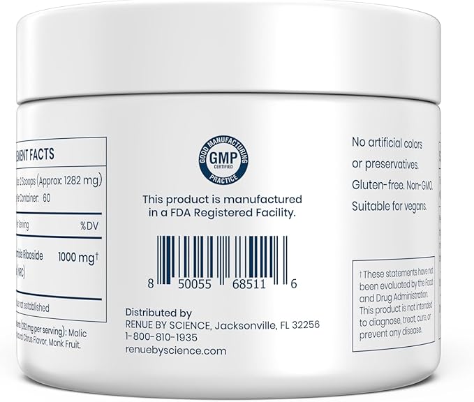 Renue By Science Nicotinamide Riboside | 1000mg Nicotinamide Powder - High Strength NR NAD Powder Sublingual Citrus Burst Flavor | Manufactured in The USA &amp Third-Party Tested | 60 Servings
