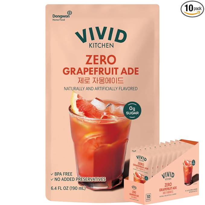 VIVID KITCHEN Korean Grape Ade – Grapefruit Flavor – Zero Sugar Zero Calories – 6.4 fl oz (10 Pouches) – No Corn Syrup or Preservatives – Refreshing Korean Drink for Healthy On-the-Go Hydration
