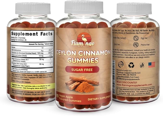 Sugar Free Ceylon Cinnamon Gummies Sugar Regulation Neuroprotective- Supplement with Chromium and Cinnamon Bark- Alternative to Cinnamon Capsules - 90 Chews