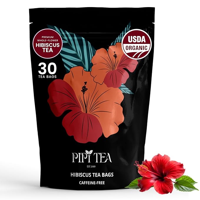 PiPi Tea Organic Hibiscus Tea Bags – Caffeine Free Herbal Tea Rich in Antioxidants Non-GMO &amp Vegan Sourced from Premium Hibiscus Flowers for Daily Wellness &amp Heart Health Support 60g