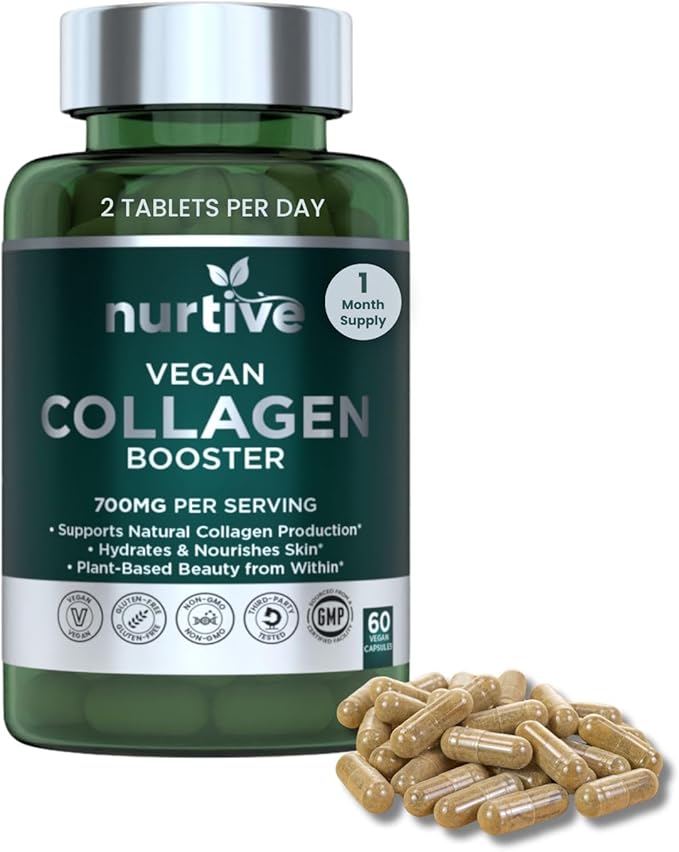 Plant-Based Collagen Booster - Vegan Support with Vitamin C Amino &amp Hyaluronic Acids - 700mg/Serving - Non-GMO Gluten-Free No Filler - 60 Capsules 2 Capsules/Day for 1 Month Supply