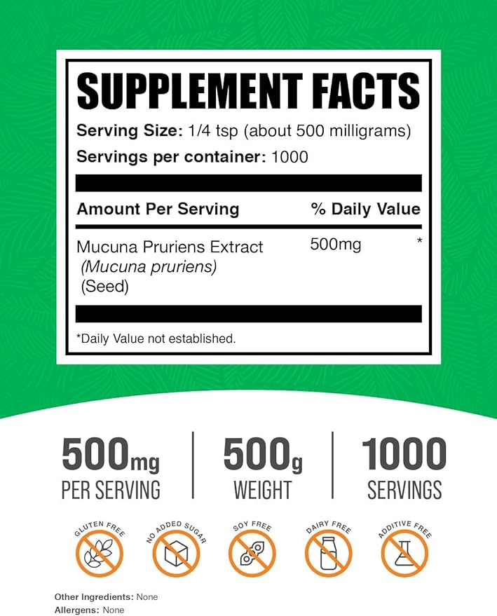 BulkSupplements.com Mucuna Pruriens Extract Powder - Mucuna Pruriens Supplements Herbal Supplement - Vegan &amp Gluten Free 500mg per Serving 500g (1.1 lbs) (Pack of 1)