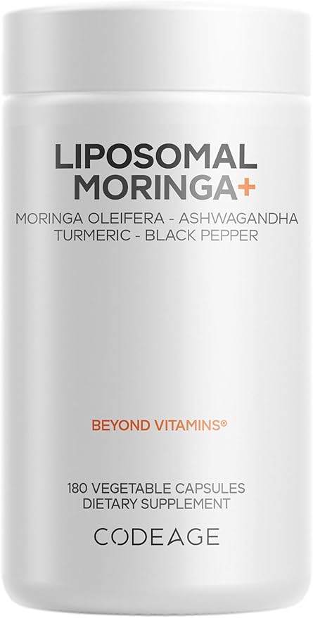 Codeage Liposomal Moringa+ Supplement 400mg Moringa 50:1 Extract - Turmeric Ashwagandha Black Pepper 3-Month Supply Vegan Moringa Powder - 180 Capsules