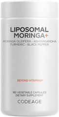 Codeage Liposomal Moringa+ Supplement 400mg Moringa 50:1 Extract - Turmeric Ashwagandha Black Pepper 3-Month Supply Vegan Moringa Powder - 180 Capsules