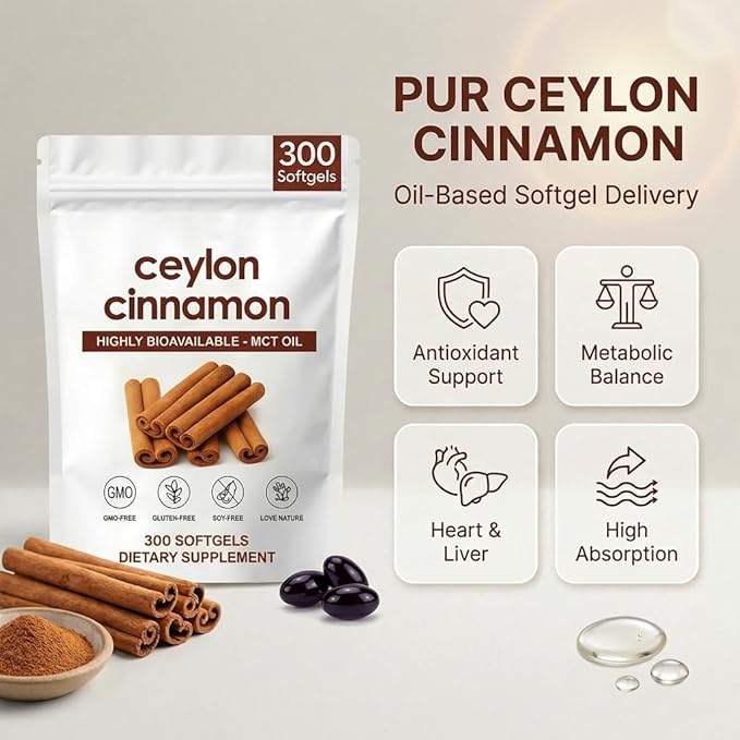 Ceylon Cinnamon Softgels Ceylon Cinnamon Soft Gels 7200mg with MCT Oil Highly Bioavailable Herbal Extract Non-GMO Gluten Free 300 Softgels