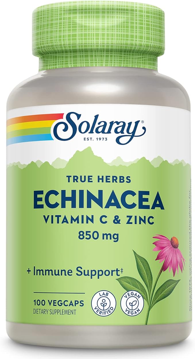 SOLARAY Echinacea Vitamin C and Zinc Wellness Formula - Immune Support Supplement - Echinacea Capsules with Vitamin C 500mg Plus Bioflavonoids Vegan 60-Day Guarantee 50 Servings 100 VegCaps