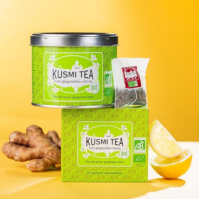 Kusmi Tea - Green Ginger Lemon - Organic Blend of Green Tea with Ginger &amp Lemon - Enjoy Hot or Iced - Loose Leaf Tea - Tin Box of 3.5 oz - Quantity for about 50 cups
