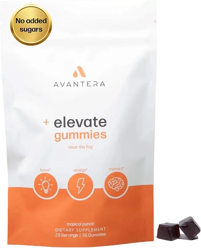 Avantera Elevate Gummies Premium Nootropic Supplement - Beat Brain Fog - Best Focus Supplements for Memory &amp Focus Support - Energy Without Crash - 56 Gummies for Women &amp Men
