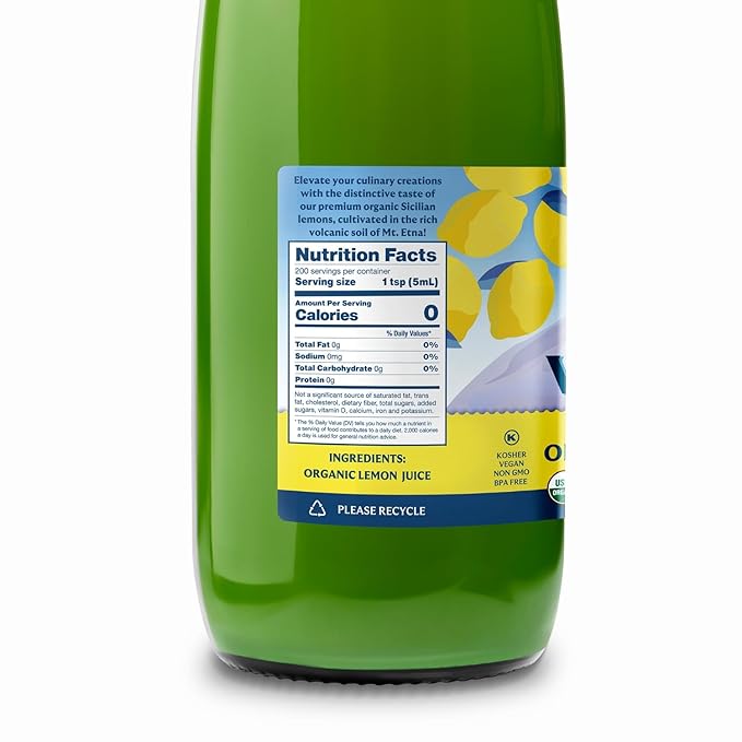Italian Volcano Organic Lemon Juice 33.8 Ounces - 2 Pack Bundled Kit - Certified Organic - Each Bottle Contains 40 Fresh Lemons (2 Bottles + 1 Burst)