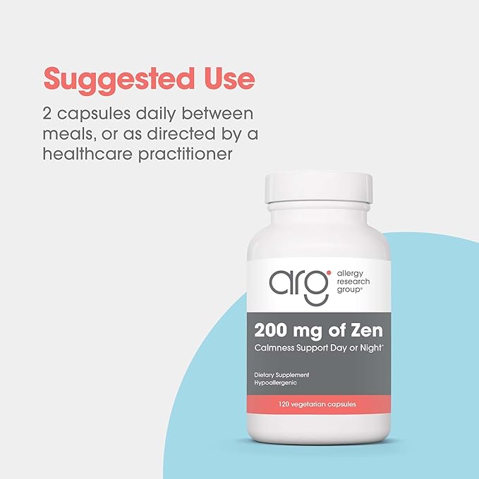 Allergy Research Group ARG 200 mg of Zen - Supports Calm and Stress Balance - Delivers 200 mg L-Theanine &amp 550 mg GABA per Serving - Vegetarian &amp Hypoallergenic - 60 Servings - 120 Capsules