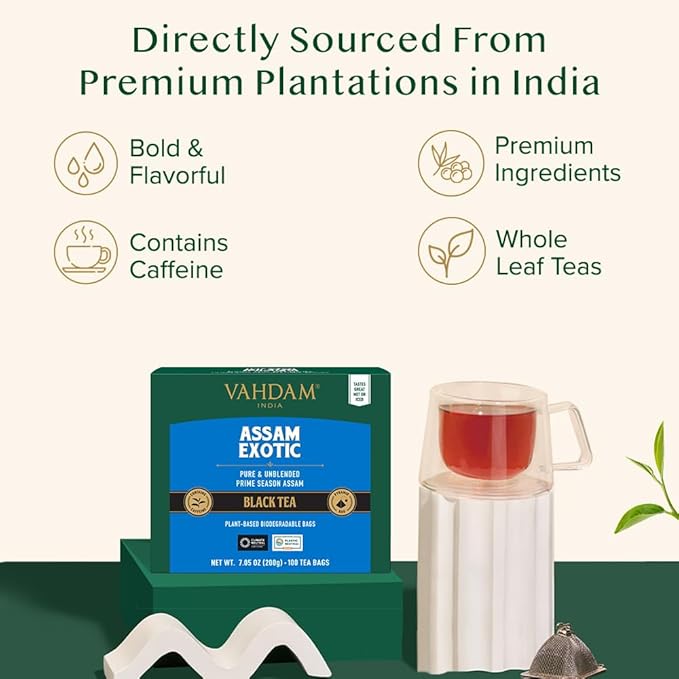 VAHDAM Assam Exotic Black Tea Bags (100 Count) High Caffeine Gluten Free Full Bodied | Pyramid Tea Bags | Strong Robust &amp Flavoury | Direct from Source