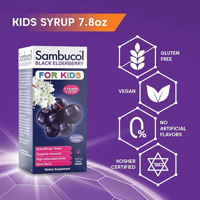 Sambucol Black Elderberry Syrup for Kids - Elderberry Liquid with Vitamin C for Kids No Artificial Flavors High Antioxidants Daily Wellness Support Berry Flavor - 7.8 Fl Oz