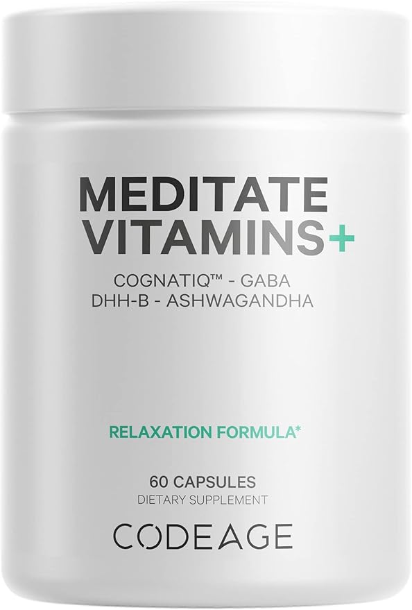 Codeage Meditate Vitamins+ Supplement - CognatiQ DHH-B GABA Ashwagandha Organic Mushrooms Blueberries - BDNF Brain Pills and Neuroprotein - Vegan Non-GMO Gluten-Free - 60 Capsules