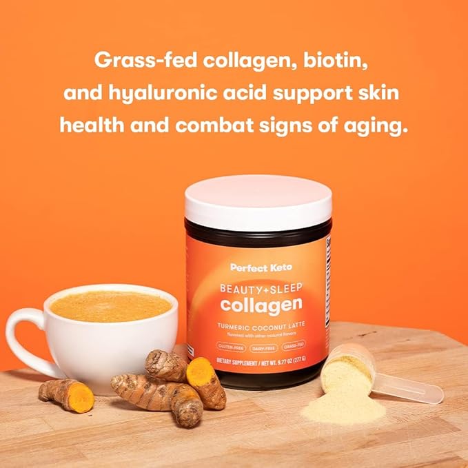 Perfect Keto Beauty + Sleep Grass Fed Collagen Peptides Protein Powder with Ashwagandha Magnesium Biotin Hyaluronic Acid L Theanine Hair Skin Nails &amp Relaxation Support Turmeric Coconut La