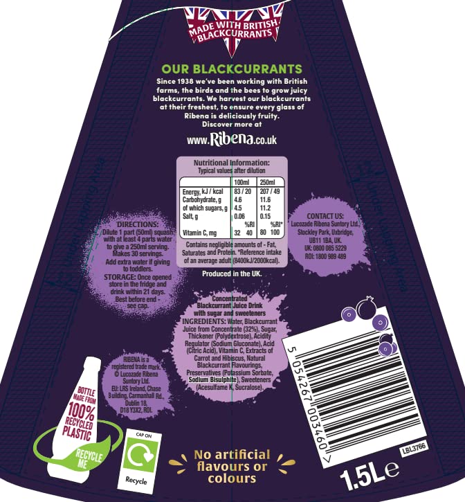 Ribena Blackcurrant Concentrate Cordial - 12 Bottles x 850ml - Contains Real Fruit Juice - No Artificial Colours or Flavourings - Dilute with Water - Made with British Blackcurrants