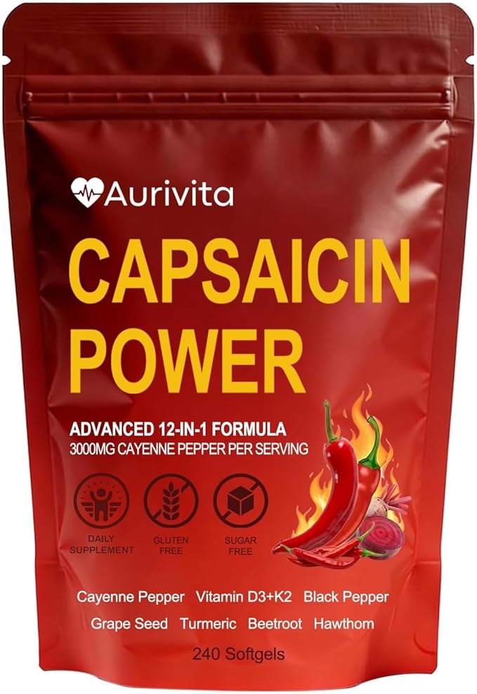 Aurivita Capsaicin Power - Cayenne Pepper Softgels Supplement Digestive &amp Gut Health with Vitamin D3+K2 Beetroot Grape Seed and Other Extracts 240 Capsules (1)