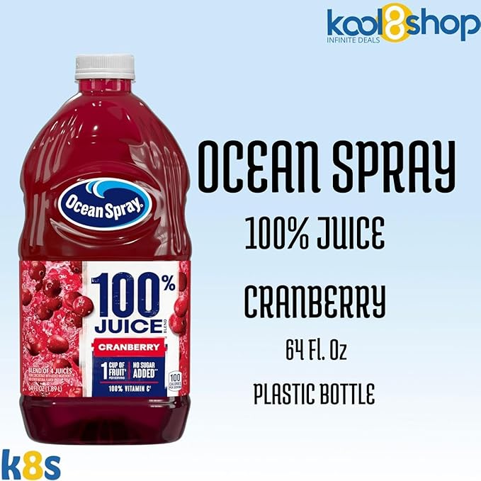 Ocean Spray 100% Cranberry Fruit Juice No Added Sugar 64 fl oz 4 Pack + 15 Sugarcane Disposable Straws by KOOL8SHOP Infinite Deals