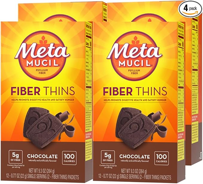 Metamucil Fiber Thins Daily Psyllium Husk Fiber Supplement Supports Digestive Health and Satisfies Hunger Chocolate Flavor 48 Total Servings (4 Packs of 12)